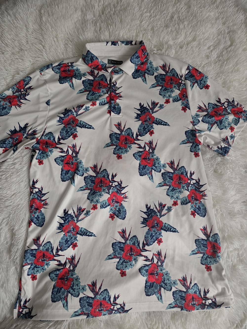 PGA Tour White Polo with Red & Teal Floral Print